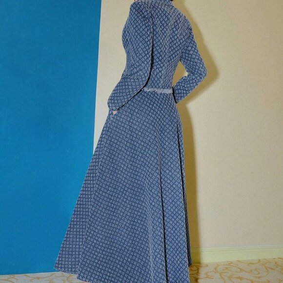 Blue Elegant Womens Denim Jacquard Lapel Collar Raw Edge Jacket & Maxi Skirt Set - Picture 3 of 7